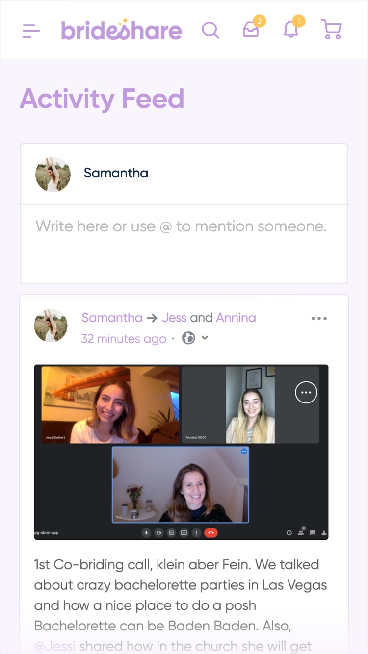 Pantalla de actividad muestra 3 co-brides en videollamada