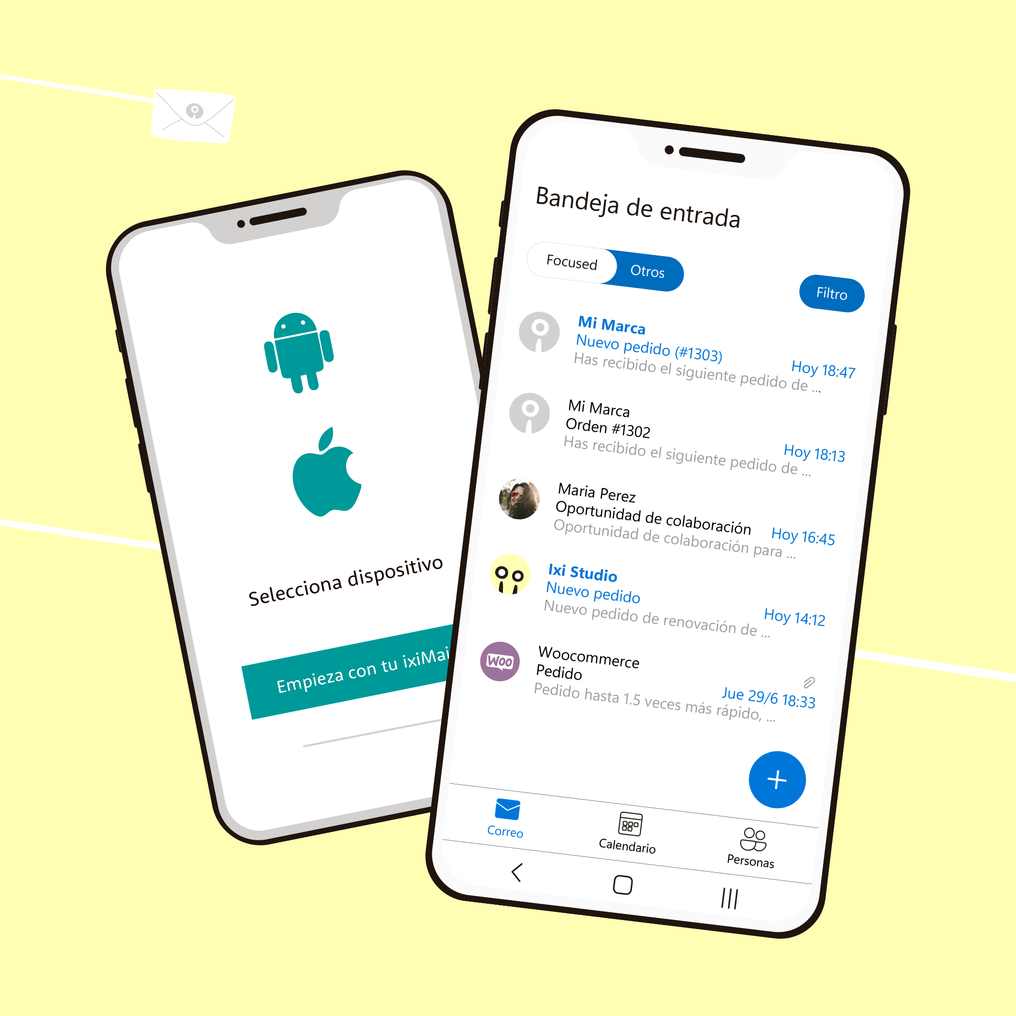 Dos dispositivos móbiles, uno muestra la opción para escoger iOS o Android, el otro muestro el buzón en Outlook
